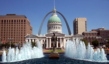 Statue in fountain in front of St Louis city building