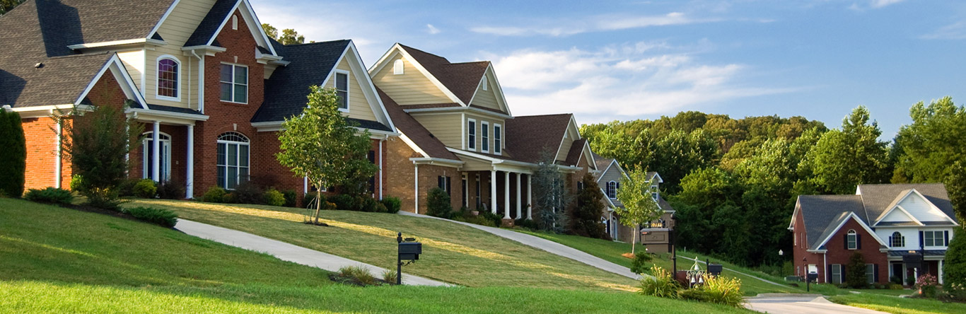 5 houses along tree line with well manicured lawns